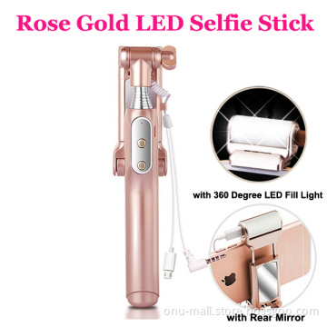 Newest Luxury Style Wired LED Selfie Stick, Wire Selfie Monopod Stick with Mirror